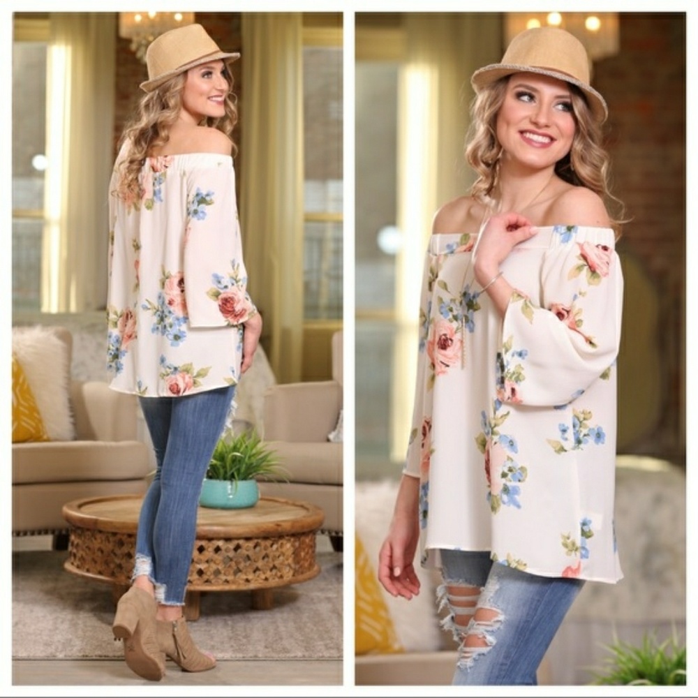 NWT IVORY FLORAL OFF SHOULDER - Picture 3 of 5